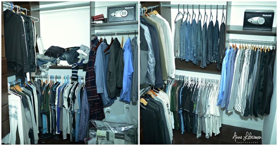 cluttered husband closet before and after organizing